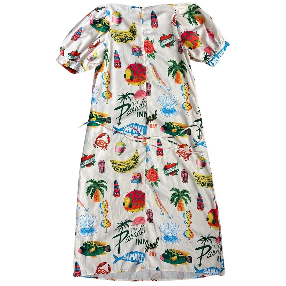 Sunday Up Paradise Printed Puff Sleeve Midi Dress Beige Multi Size Medium - Picture 11 of 11